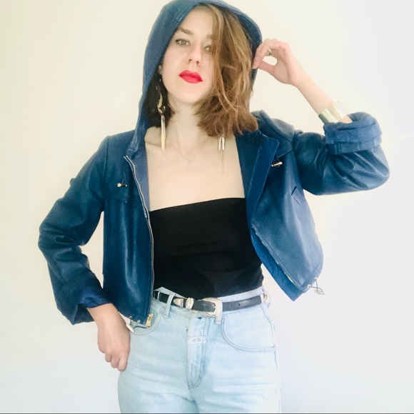🔥SOLD🔥 Leather Blue Cropped Hoodie Jacket - Picture 1 of 14